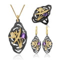 C7936 Abiding Shield Tarnish Free Natural Amethyst Gold Plated Dragonfly 925 Silver Earrings Necklace Ring Jewelry Set