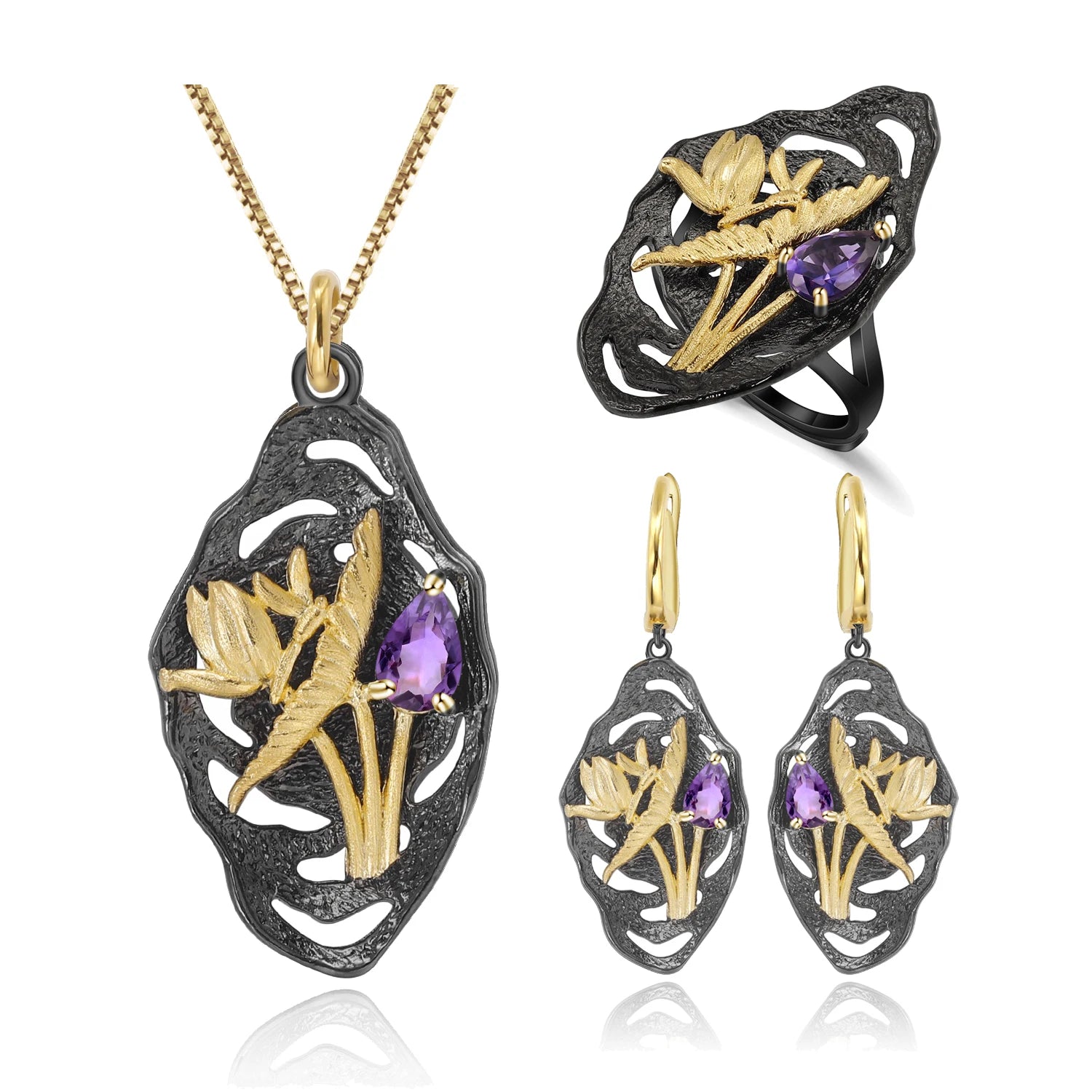C7936 Abiding Shield Tarnish Free Natural Amethyst Gold Plated Dragonfly 925 Silver Earrings Necklace Ring Jewelry Set