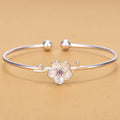 Solid 925 Sterling Silver Pink Stone Cherry Blossoms Open Adjustable Bangles for Women Gifts Jewelry