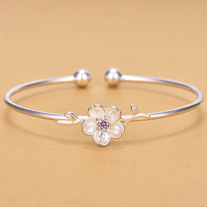 Solid 925 Sterling Silver Pink Stone Cherry Blossoms Open Adjustable Bangles for Women Gifts Jewelry