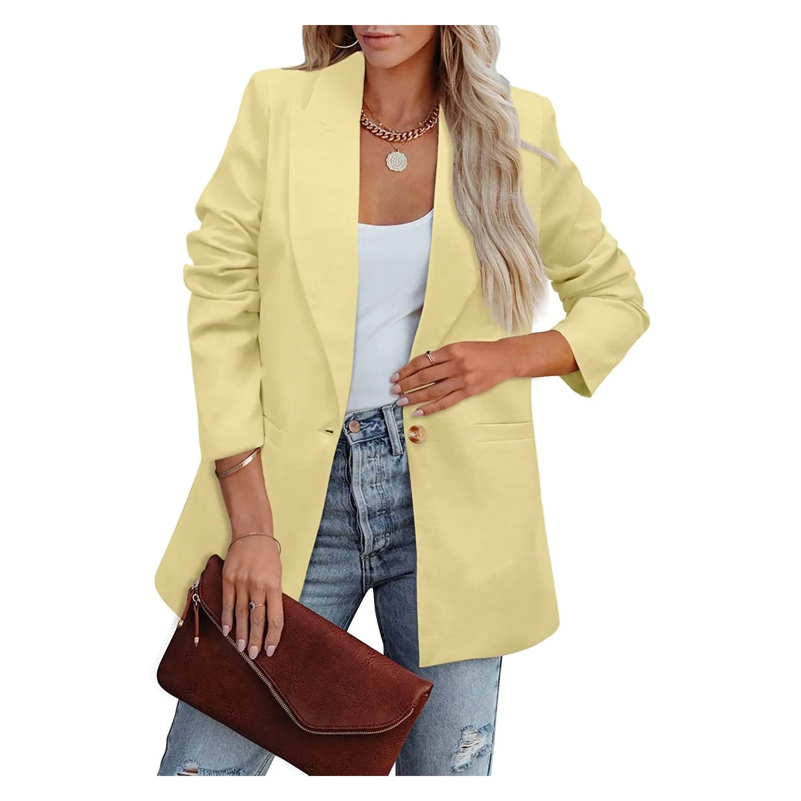 Women's Business Suits Long Sleeve Open Front Office Blazer Jacket Notched Collar Pleated Decoration Single Breasted Closure