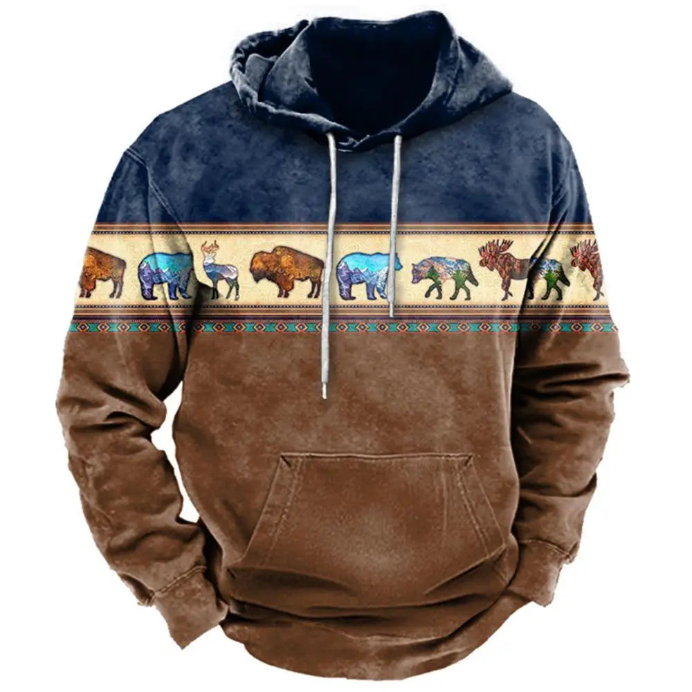 Fitspi Vintage Indian Style Men's Hooded Sweatshirt Unisex Pullover  New Casual Street Top Wholesale Oversize