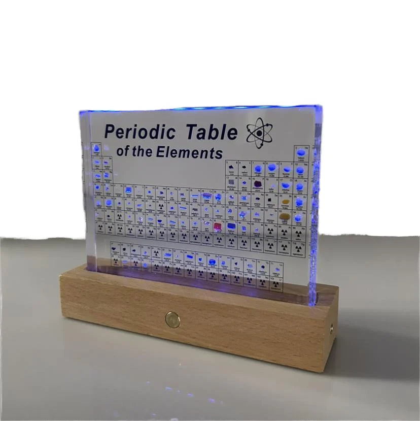 Acrylic Periodic Table Display 83 Real Samples LED Backlight Solid Wood Base 20mm Thick Easy Assembly Customized Classic