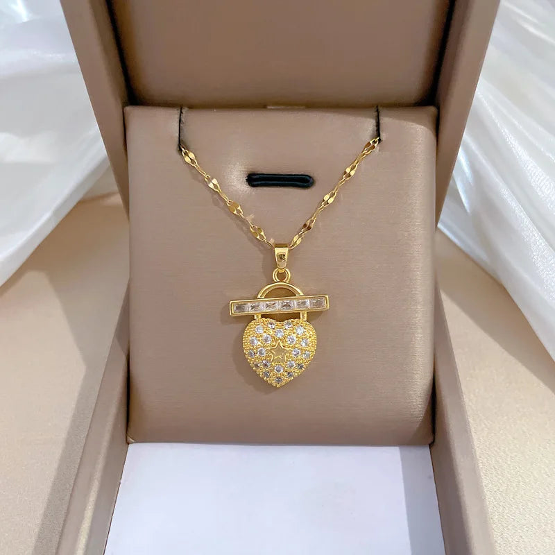 Sparkling Full Zircon Heart Charm Necklace for Women Non Fade Stainless Steel Clavicle Chain Collar Necklace De Acero Inoxidable