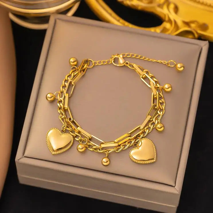 Retro Love Heart Gold Plated Stainless Steel Chain & Link Bracelet for Women Classic Anniversary Jewelry
