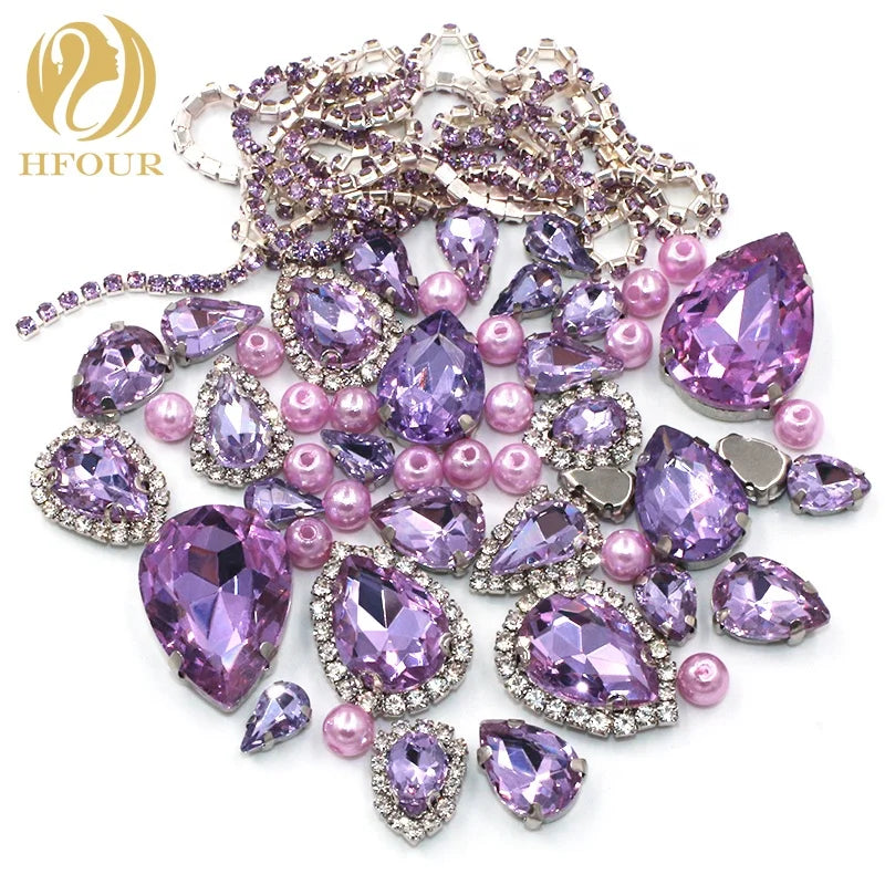 Wholesale HFour 3D Glass Drop Shape Crystal Violet Mixed Loose Flatback Rhinestones Cup Chain Pearls DIY Sew-On Technique for