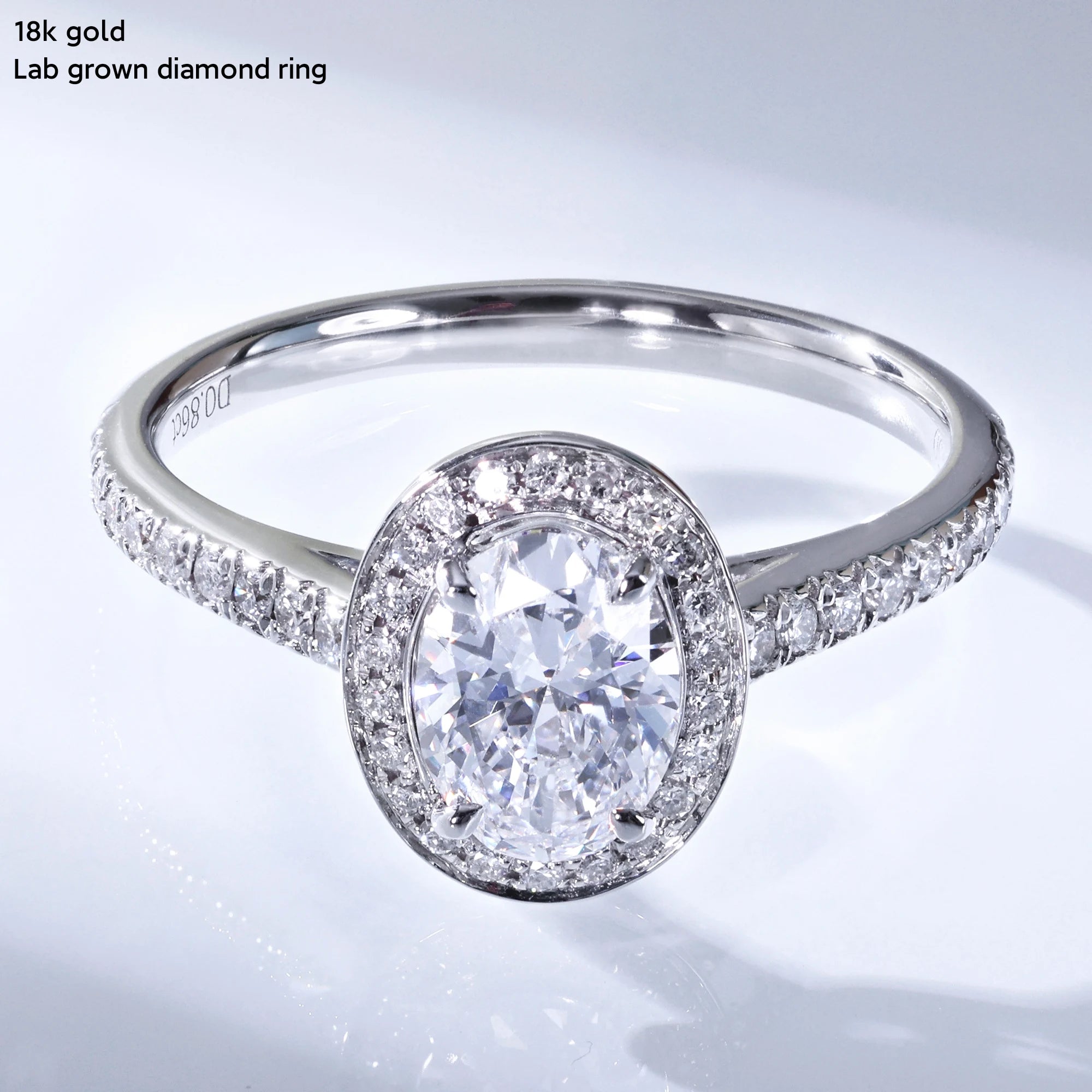 18K White Gold Cathedral Design 0.86ct Oval Halo Lab Grown Diamond Ring IGI Certified for Wedding or Engagement