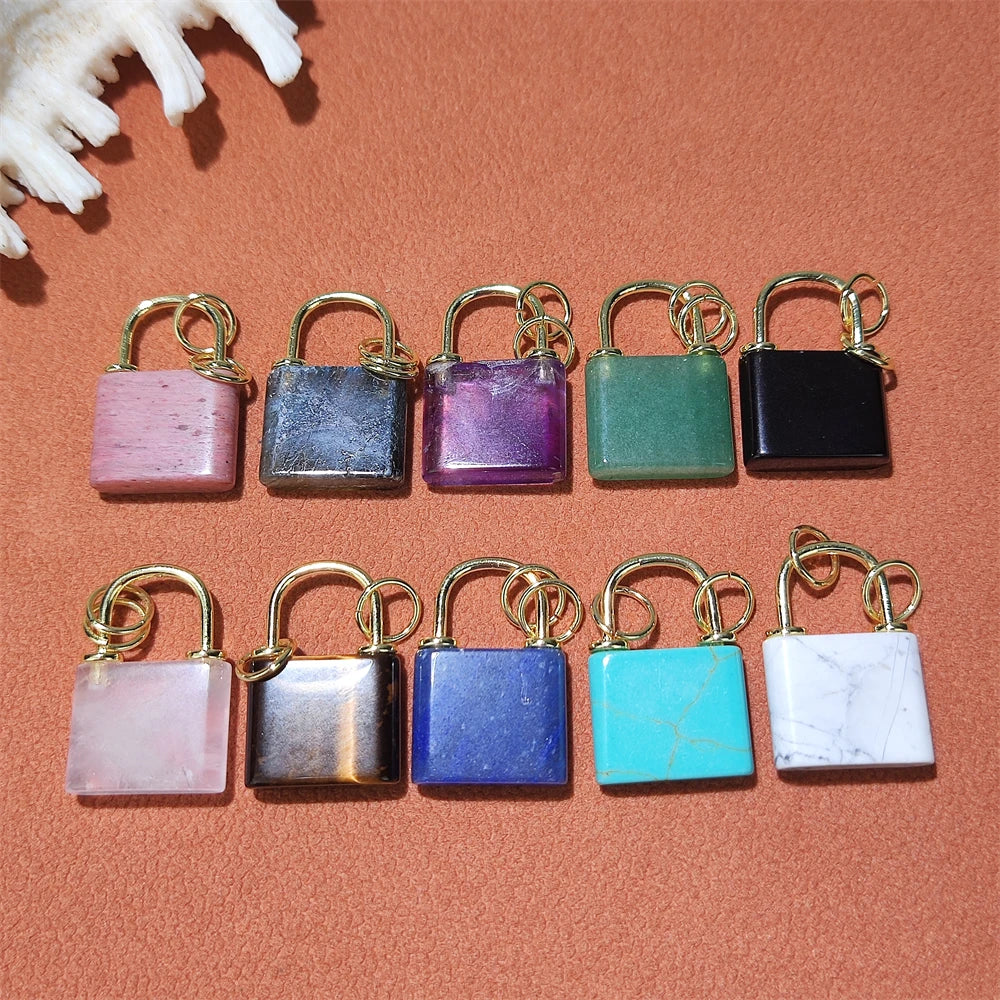 Wholesale Bulk Reiki Crystal Quartz Lock Shaped Gemstone Mixed Material Pendant Gold Plated tiger Eye Rose Quartz Necklace Charm