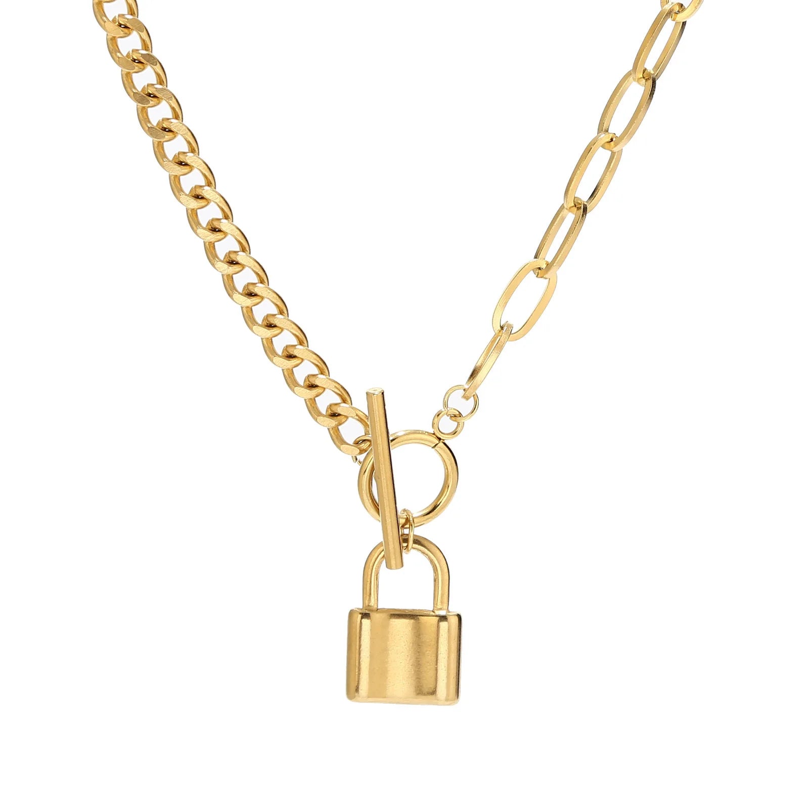 RisingMoon Hot Sale Cuban Chain Ot Necklace 18k Gold Plated Stainless Steel Lock Pendant Necklace