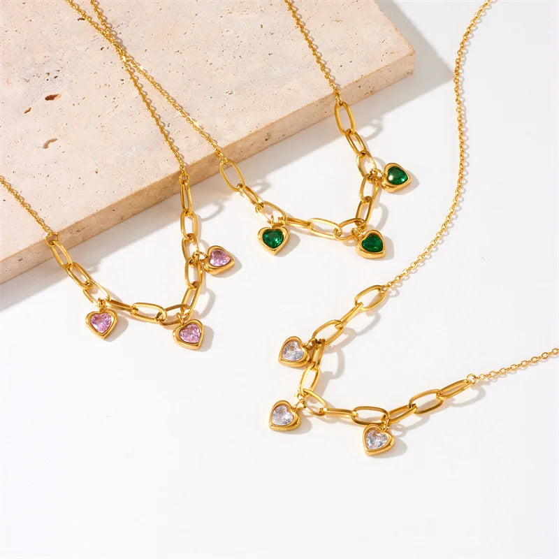 Fashion 2024 Trendy Zircon Heart Pendant Necklaces 18k Gold Stainless Steel Waterproof Paperclip Chain Heart Necklace