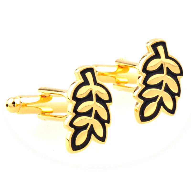 Wholesale Gold Leaf Enamel Novelty Cufflinks Custom Mens Suit Shirt Fashion Accessory Wedding Tuxedo Trendy Jewelry Gift Set