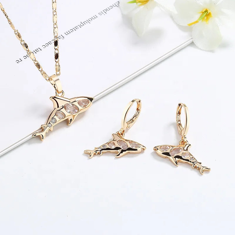 New Fashion Bridal Gold Brass Flower Pendant Necklace Earrings Jewelry Set for Women