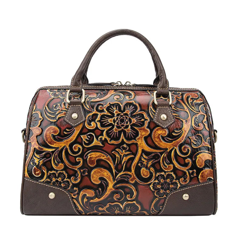 Wholesale Real Cow Leather Square Handbag for Women Embossed Flower Pattern Pillow Handbag Zipper Portable for Winter Spring