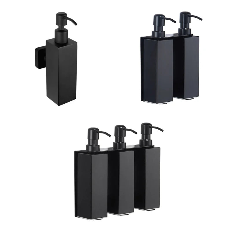 Wall Mounted 304 Rust Proof Stainless Steel Brushed Black Square Shampoo and Shower Gel Soap Dispenser for Bathroom Kitchen