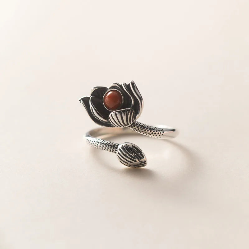 2023 New Vintage Thai 925 Silver Southern Red Lotus Open Adjustable Finger Ring for Women Fine Jewelry