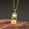 Waterproof 18K Gold Plated Coconut Palm Tree Rectangle Pendant Necklace Fashion Summer Beach Jewelry for Women Girls