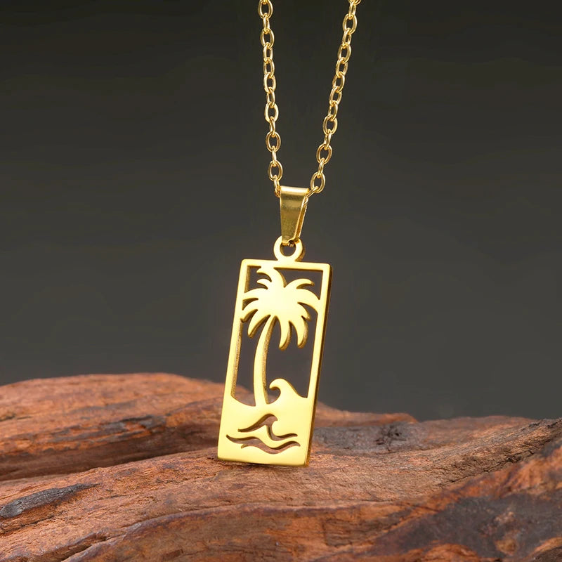 Waterproof 18K Gold Plated Coconut Palm Tree Rectangle Pendant Necklace Fashion Summer Beach Jewelry for Women Girls