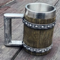 New Vintage Style Cup MCA03 Medieval Pirate Wooden Barrel Double Wall Beer Cups Stainless Steel Mug