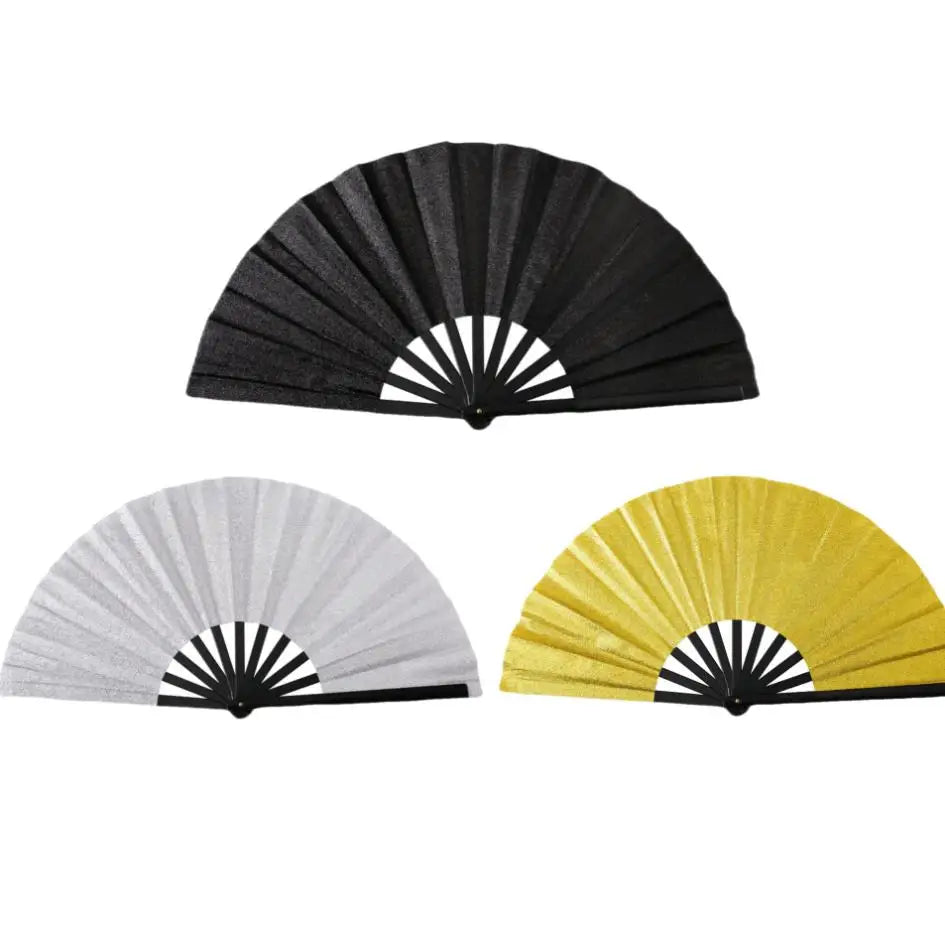 Festivals Party Accessories Custom Glitter Folding Bamboo Hand Fan with Holster Silver Golden Black Clack Rave Fabric Fans