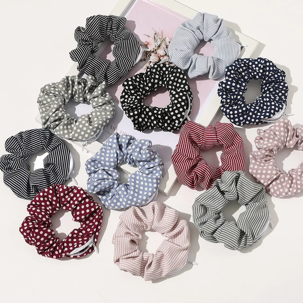 For Wholesale Cloth Sweet Zipper Hair Scrunchies Custom Elastic Hair Band with Hidden Pocket Large Size
