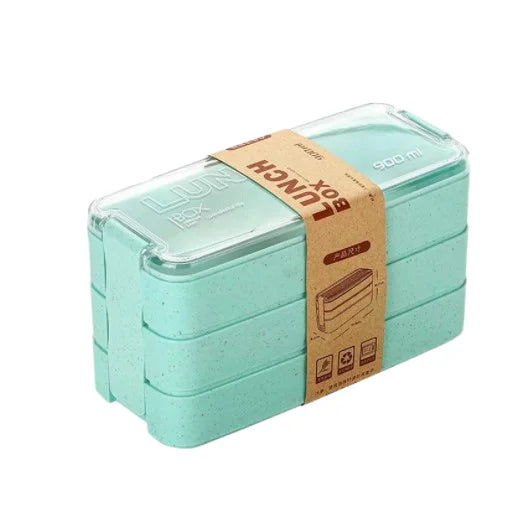 Wheat Straw Stackable Bento Box 3-In-1 Compartment Lunch Box Spoon & Fork 900ML Meal Prep Containers for Adults