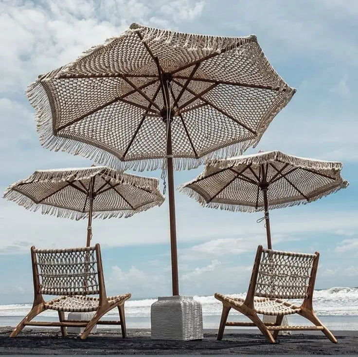NEW ARRIVAL Luxury Custom Wooden Macrame Cotton Rope Umbrella Tassels Fringe Outdoor Parasol Swimming Sun Beach Umbrella