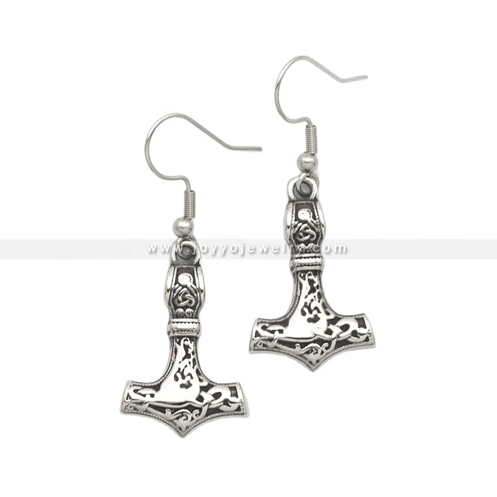 Mjolnir Viking Earring Stainless Steel Thor's Hammer Earrings Laser Engraving Ear Hook Jewelry Fishing Hook Charms Vintage 3PCS