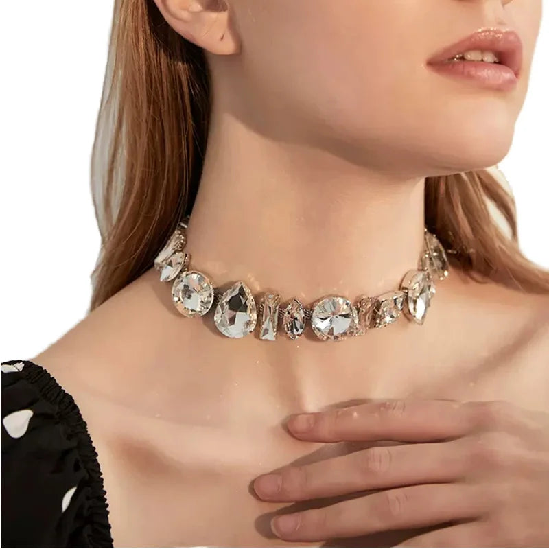 Women's Short Water Drop Necklace Statement Diamond Bling Rhinestone Crystal Geometric Choker Link Chain Christian Symbol