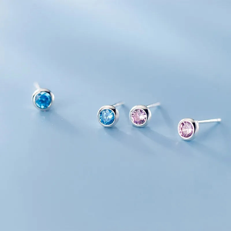 925 Sterling Silver Small Round Blue Cubic Zirconia Earings Party Pink CZ Ear Studs Earrings Fashion Jewelry for Women Men