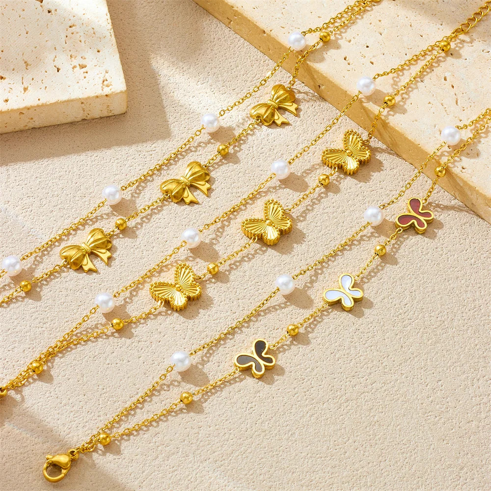 New Double Layer Stainless Steel Butterfly Pearl Bracelet Non Tarnish 18k Pvd Gold Plated Butterfly Charm Bracelet for Women
