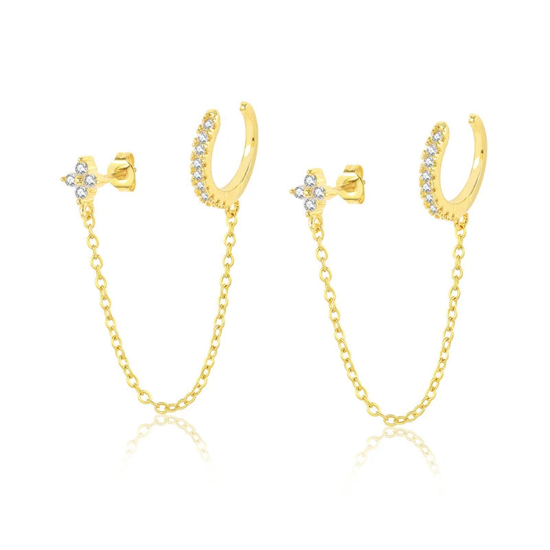 Fine Earrings CZ 925 Sterling Silver 18K Gold Plated Double Piercing Stud Hoop Earrings Dangle Chain Ear Cuff Earrings