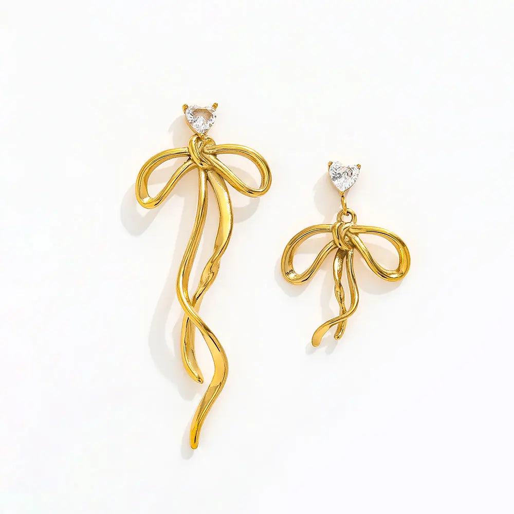 New Dainty Zirconia Bow Tassel Dissymmetry Stud Earring for Women 18k Gold Plated Stainless Steel Jewelry