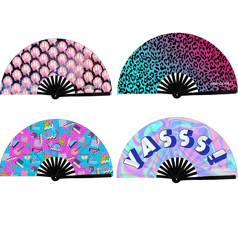Hot Sale Promotional Large Rave Fan Nylon Fabric Hand Held Folding Fans for Advertisement