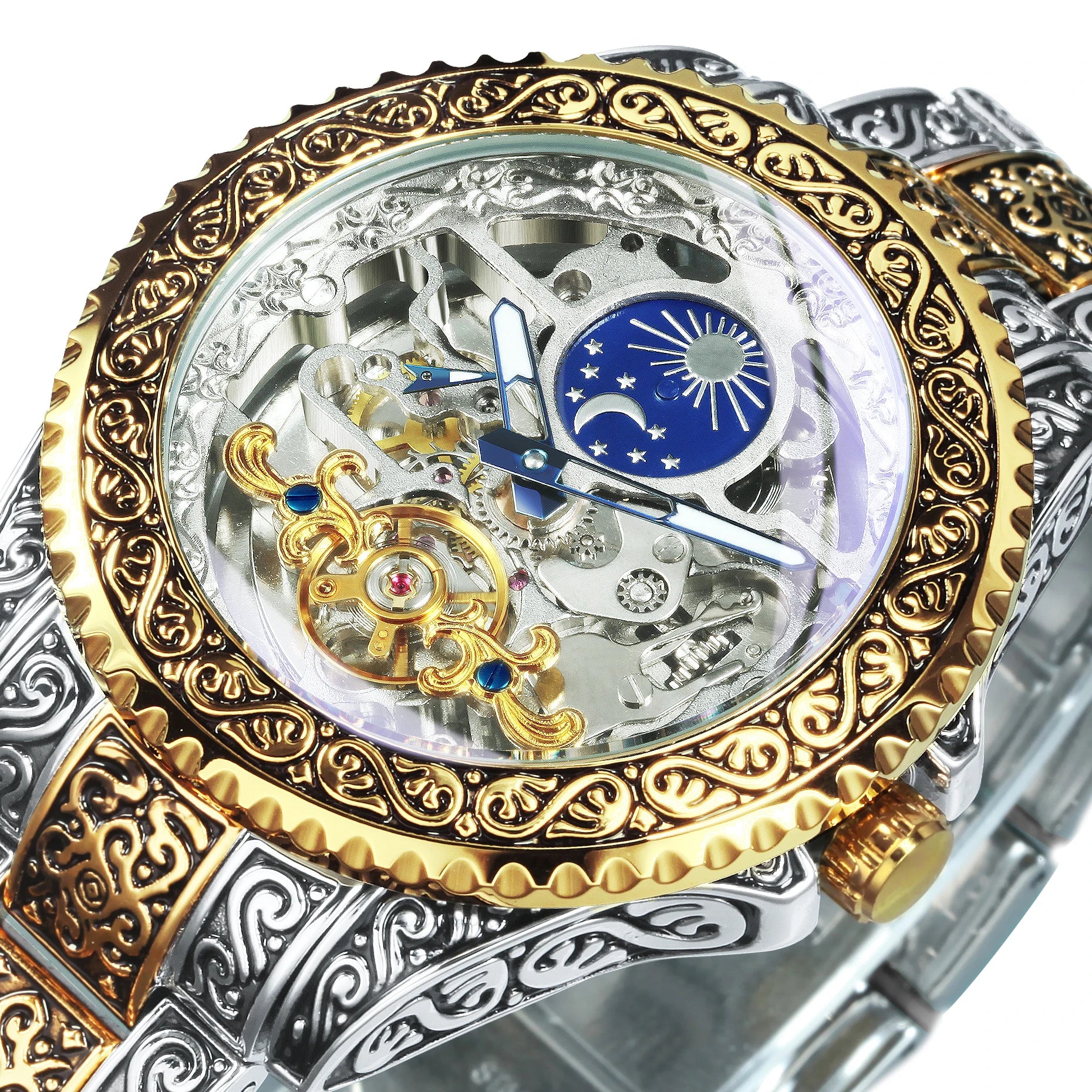 Forsining Tourbillon Watch for Men Mechanical Skeleton Mens Watches Top Brand Luxury Engraved Vintage Moon Phase Steel Strap