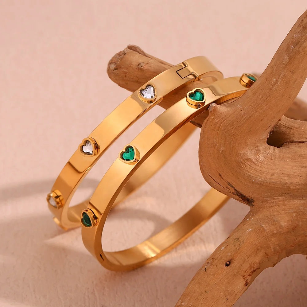 18K Gold Plated Stainless Steel Tarnish-Free Heart Zircon Clasp Bangles Christmas Fashion Jewelry