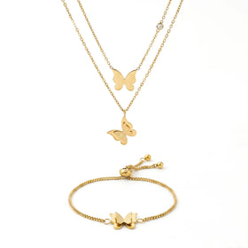 QIAOREN 11683 Tarnish Free 18K Gold Stainless Steel Trendy Quartz Butterfly Jewelry Set Layered Necklace Adjustable Bracelet