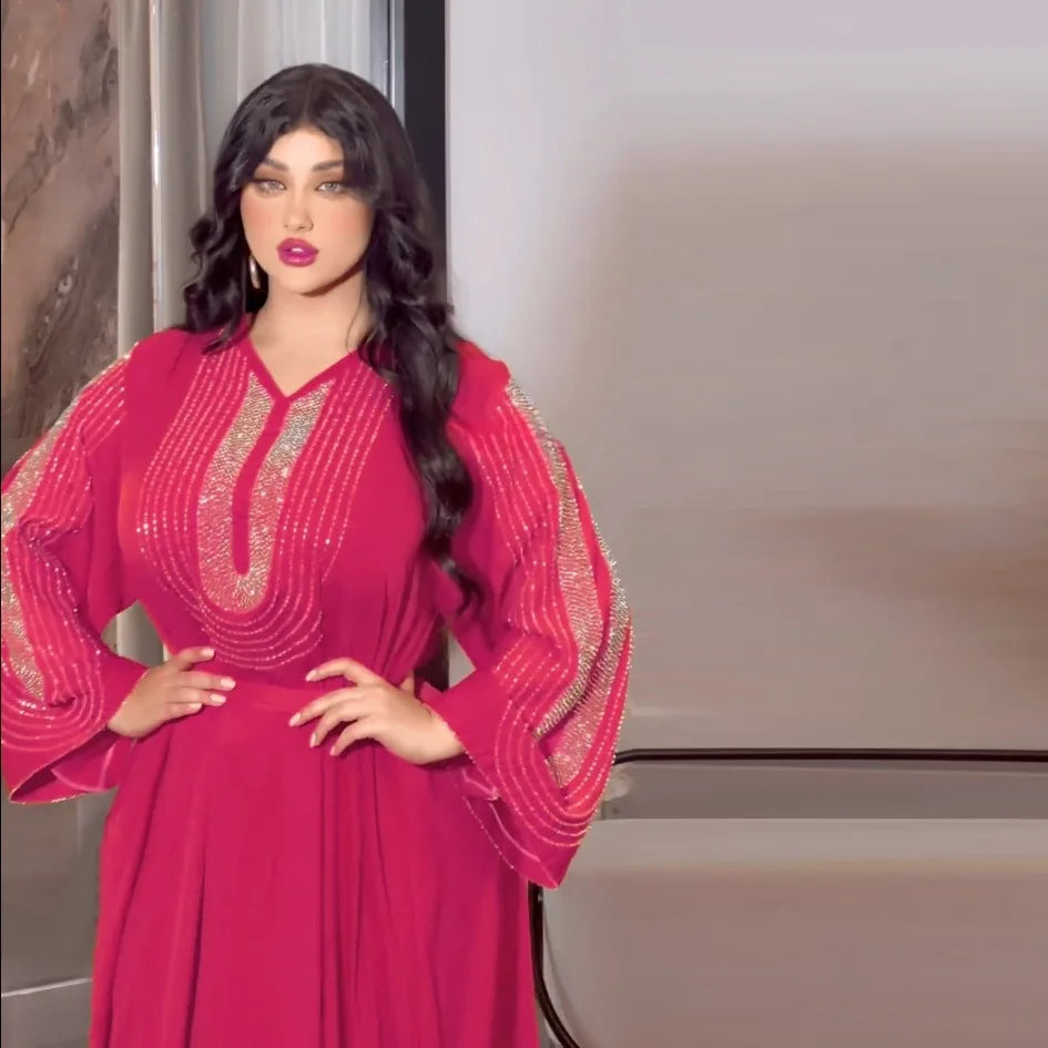 Islamic Muslim Arrival Stylish V-Neck Sequin Design Loose Sleeves Long Dress Solid Color Abaya Dubai Turkey