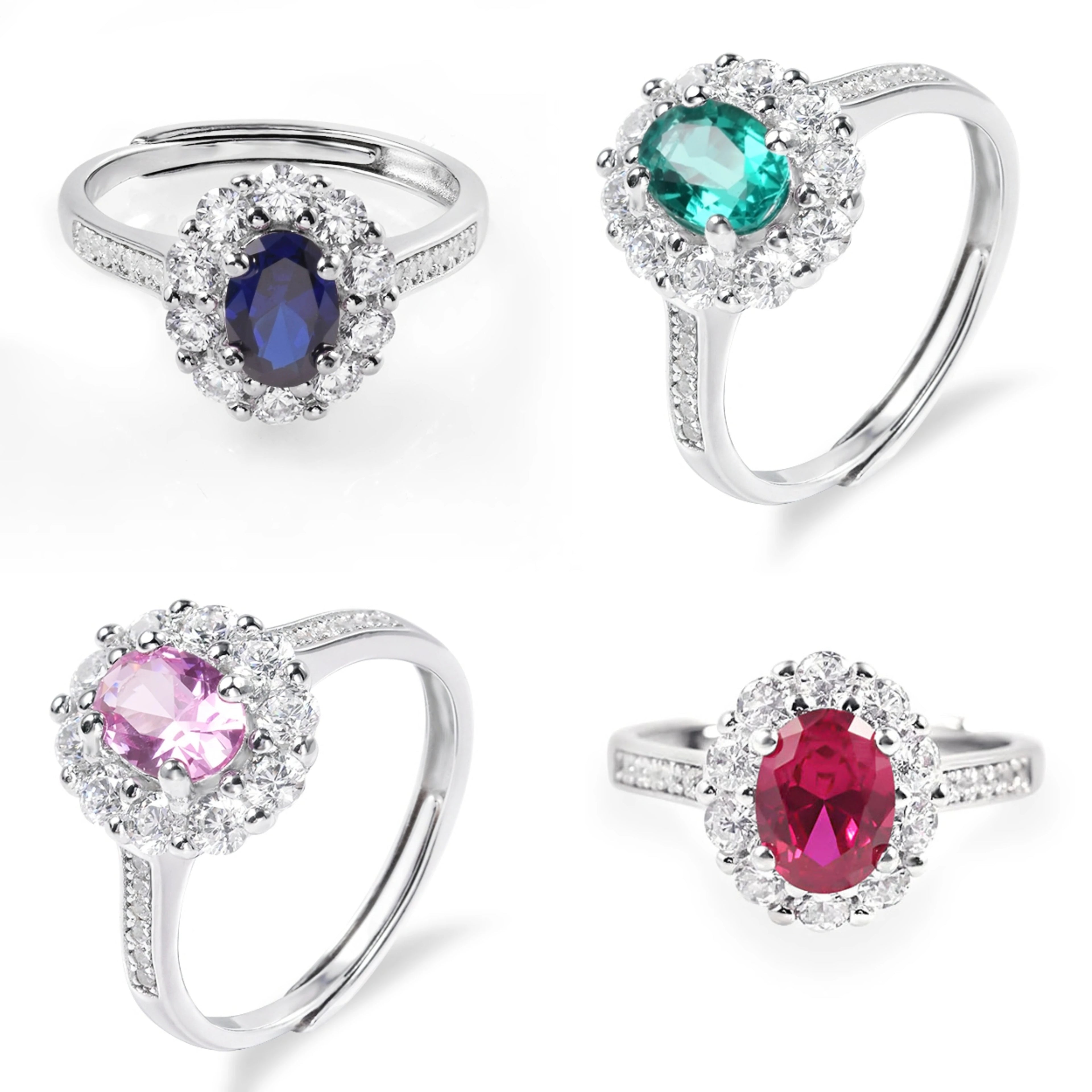 Top Quality Lab Zambian Emerald Synthetic Blue Sapphire Pink Ruby Red Ruby 925 Sterling Silver Adjustable Ring Gemstone Rings