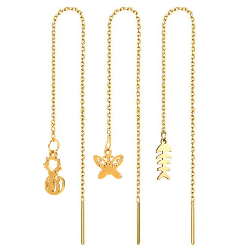 Cute Animal Shaped Stainless Steel Silver Dangling Long Chain Cat Fish Bone Earrings