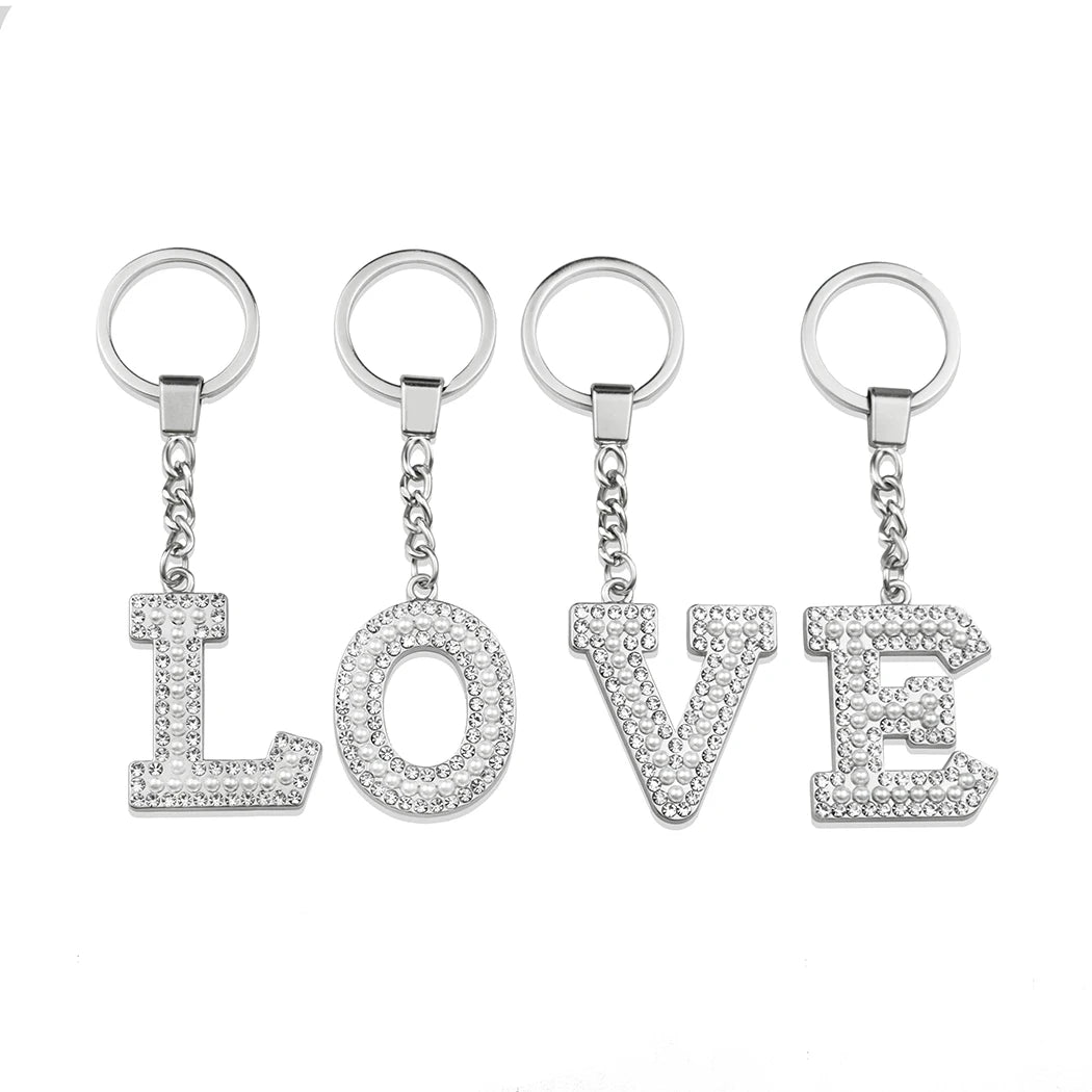 Pearl 26 Letters Rhinestone Key Chain Silver Shiny Car Key Ring Personalized Initials Women Bag Pendant Letter Keychains
