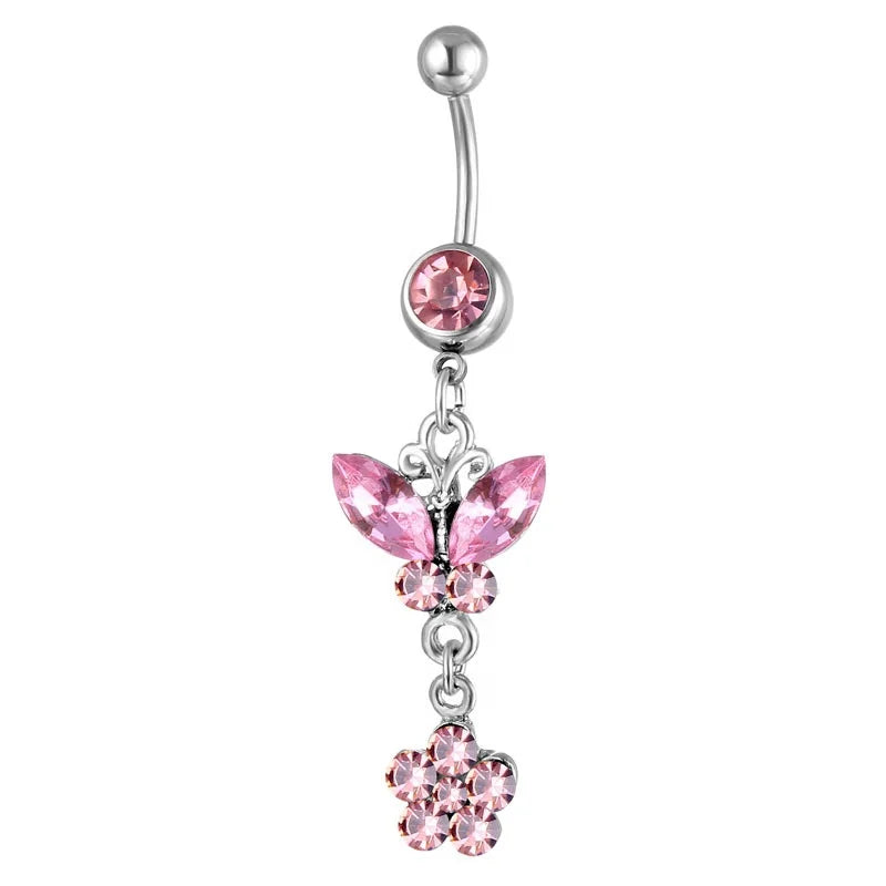 Stainless Steel Color Crystal Butterfly Dangling Navel Ring Fashion Women Piercing Jewelry Flower Dangle Belly Button Ring