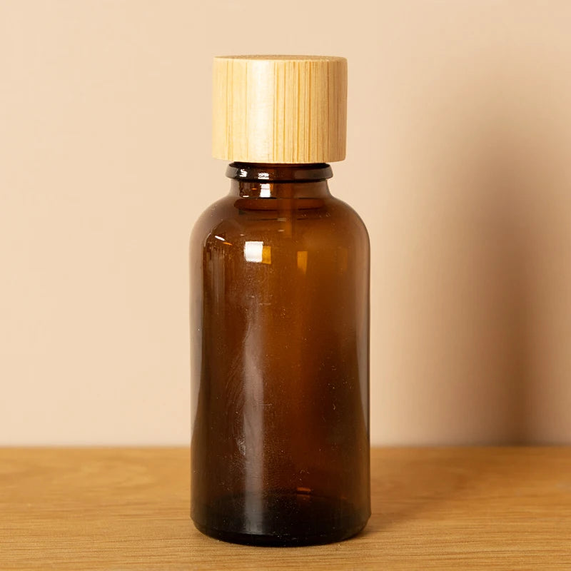 2025 30/50ml Empty Round Amber Glass Boston Bottle With Bamboo Wood Cap for Skin Care Serum and Sunscreen Cream