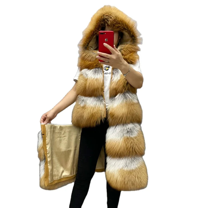 Winter Thickened Warm Long Detachable Hooded Casual Breathable Eco-Friendly High Street Cotton Filled Real Red Fox Fur Coat Vest