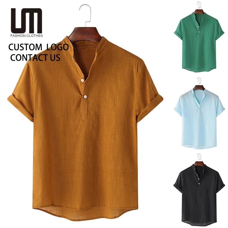 2025 New Wholesale Men's Summer Shirt - Cotton Blend Short Sleeve Casual Shirt (Breathable Solid Color Top with Loose Fit)
