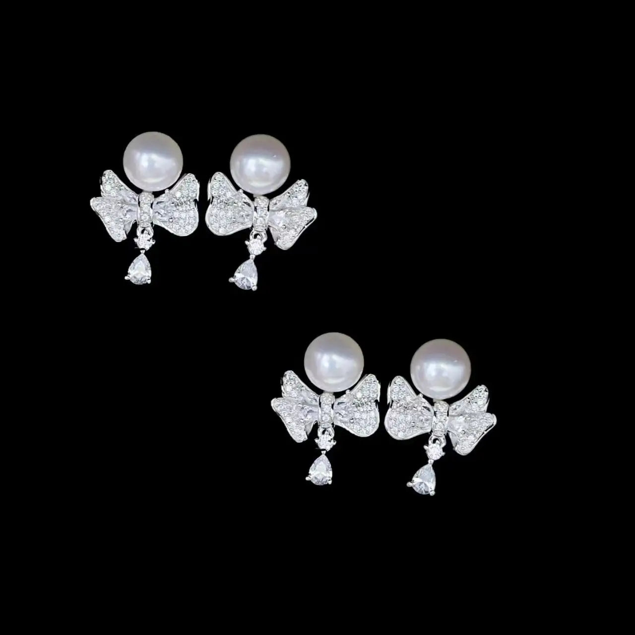 925 Sterling Silver Bow Earrings Paired with 8mm Natural Freshwater Akoya Pearl Earrings and Round Pearl Jewelry for Women