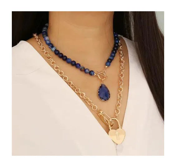 Zooying Boho Natural Stone Bead Necklace Heart Pendant Alloy Chain Multi-layer Necklace