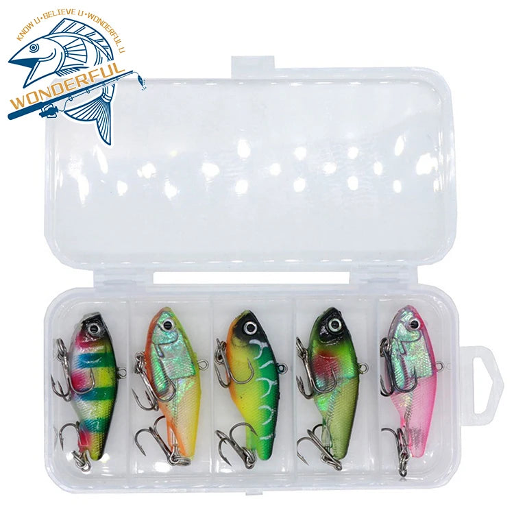 48mm 13g 5 Colors Artificial PVC Plastic Bionic Lifelike Freshwater Lead Fish VIB Soft Fishing Lure Set With Box