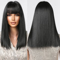 Wholesale Ombre Medium Length Dark Synthetic Wigs Black Straight Hairs Wig with Bangs for Women Natural Daily Fiber Use