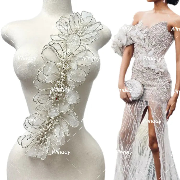 Handmade 3D Wire Work Flower Rhinestones Applique on White Net Glue on Beads Crystal Patches Accessory for Dress Clothes