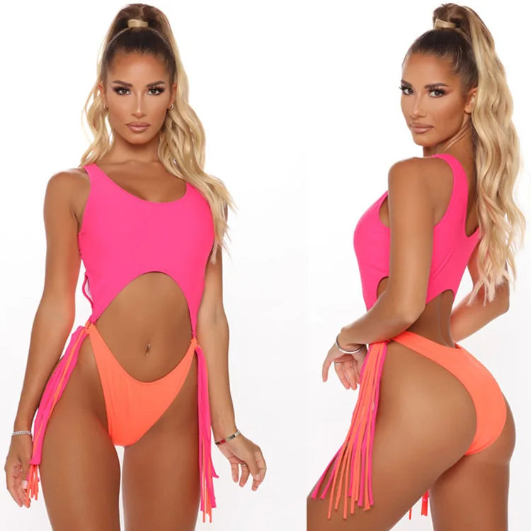 New Style One Piece Swimsuit Solid Color Beachwear High Cut Tassel Swimwear